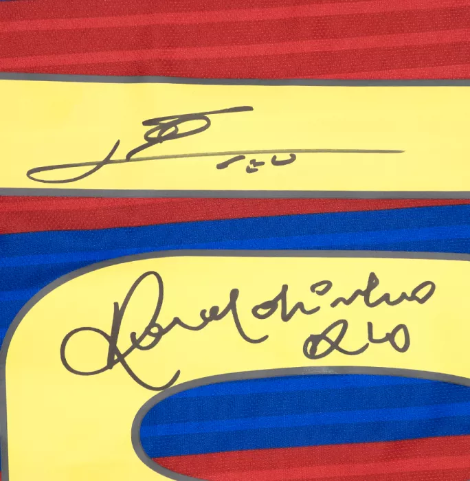 Lionel Messi And Ronaldinho Official FC Barcelona Back Signed And Framed 2016-17 Home Shirt