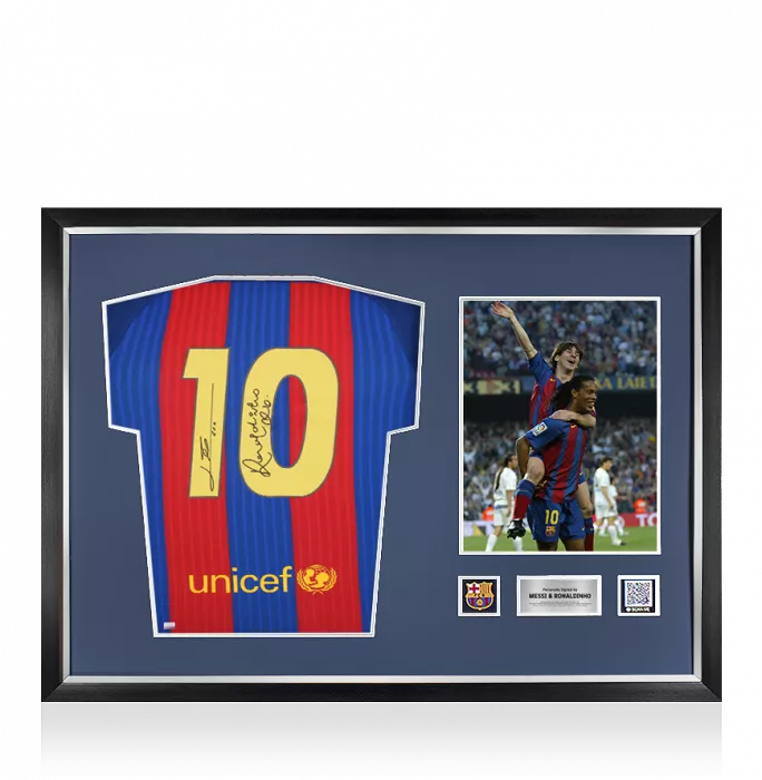 Lionel Messi and Ronaldinho Official FC Barcelona Back Signed and Framed 2016-17 Home Shirt