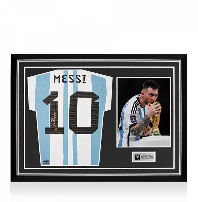 Lionel Messi Back Signed Argentina 2022 Home Shirt - Manufactured in Argentina Edition In Hero Frame: Option 1