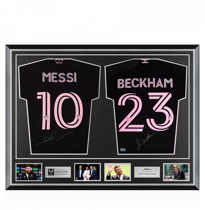 Lionel Messi & David Beckham Signed Inter Miami CF Away Shirts In Classic Dual Frame