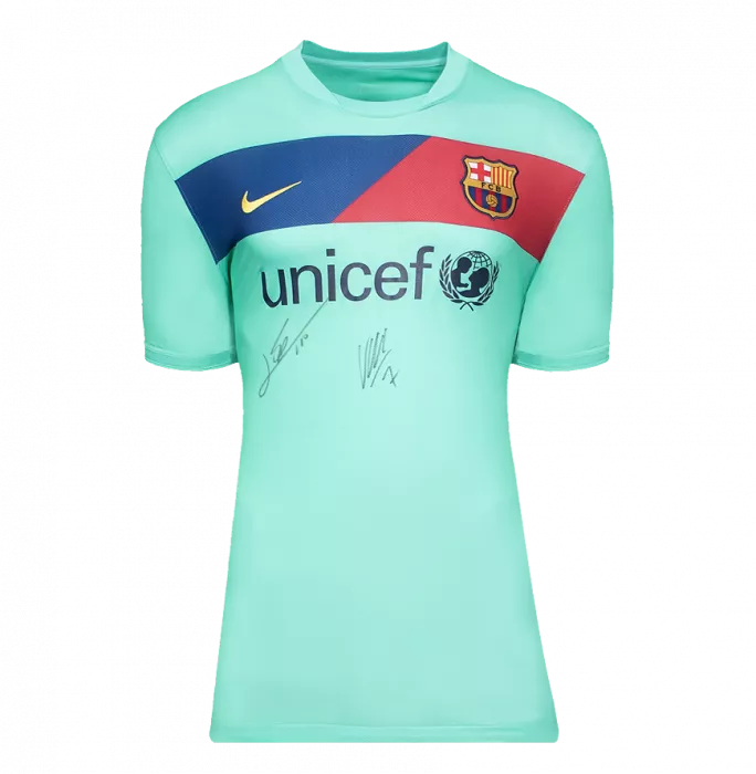 Lionel Messi & David Villa Official FC Barcelona Front Signed And Framed 2010-11 Away Shirt