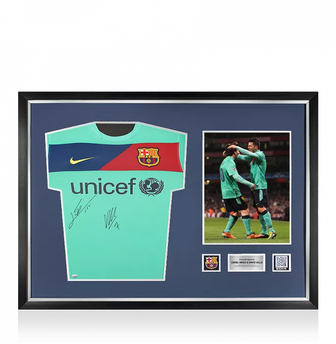 Lionel Messi & David Villa Official FC Barcelona Front Signed And Framed 2010-11 Away Shirt