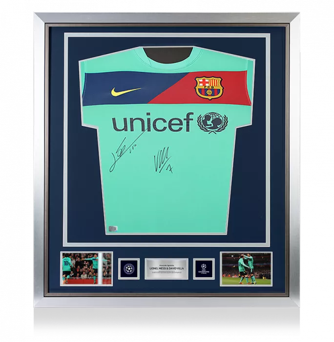Lionel Messi & David Villa Official UEFA Champions League Front Signed And Framed FC Barcelona 2010-11 Away Shirt