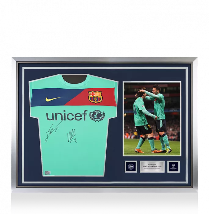 Lionel Messi & David Villa Official UEFA Champions League Front Signed and Hero Framed FC Barcelona 2010-11 Away Shirt
