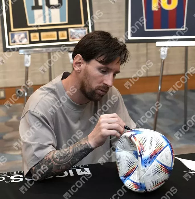Lionel Messi & Emiliano Martinez Official FIFA World Cup™ Dual Signed Adidas Rihla Pro Football In Acrylic Case