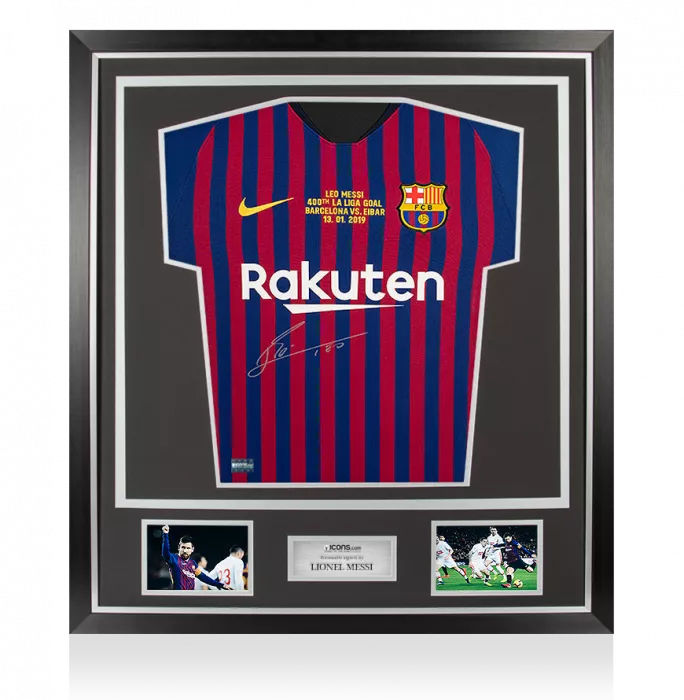 Lionel Messi Front Signed FC Barcelona 2018-19 Home Shirt In Classic Frame: 400th La Liga Goal Special Edition