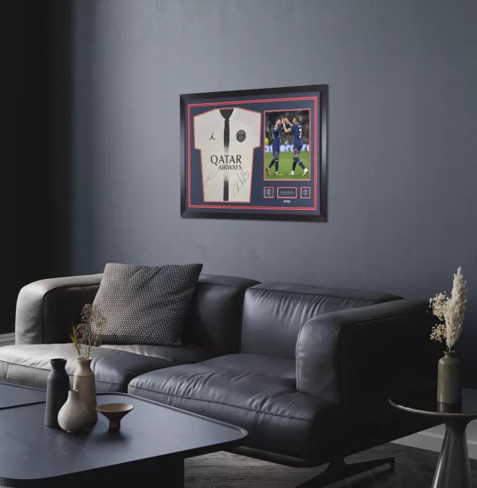 Lionel Messi & Kylian Mbappe Official Paris Saint-Germain Front Signed And Framed 2022-23 Away Shirt