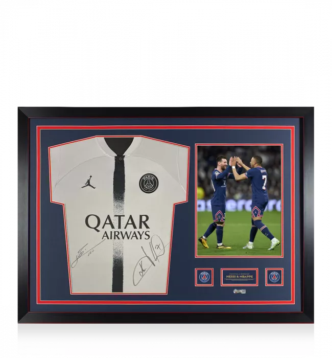 Lionel Messi & Kylian Mbappe Official Paris Saint-Germain Front Signed And Framed 2022-23 Away Shirt
