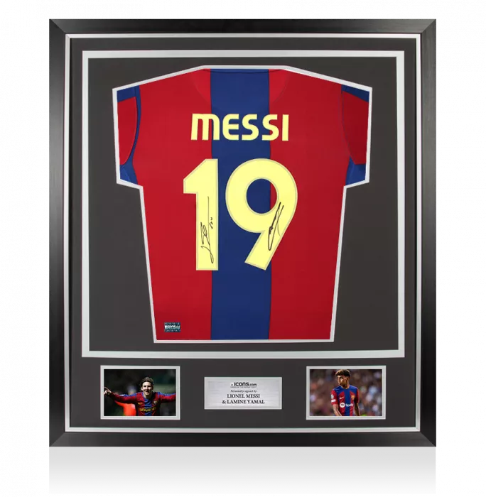 Lionel Messi & Lamine Yamal Dual Signed FC Barcelona 2007-08 Home Shirt In Classic Frame