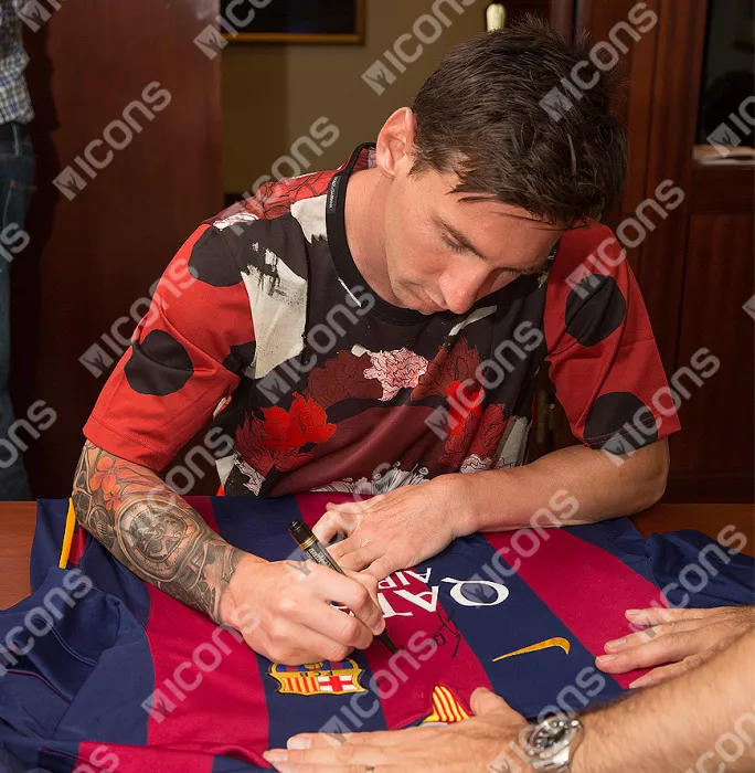 Lionel Messi Luis Suarez & Andres Iniesta Front Signed And Framed FC Barcelona 2014-15 Home Shirt