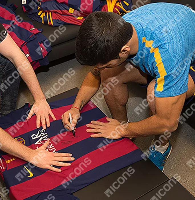 Lionel Messi Luis Suarez & Andres Iniesta Front Signed And Framed FC Barcelona 2014-15 Home Shirt