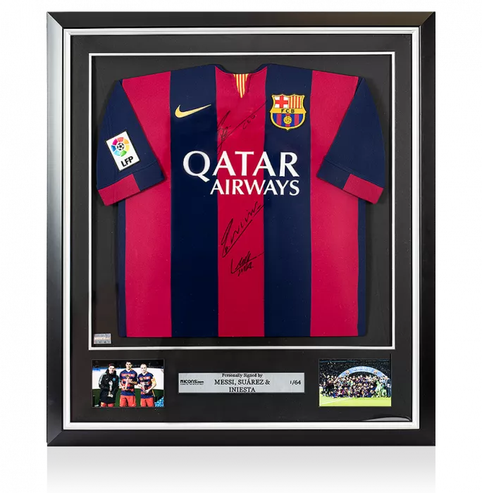 Lionel Messi Luis Suarez & Andres Iniesta Front Signed and Framed FC Barcelona 2014-15 Home Shirt
