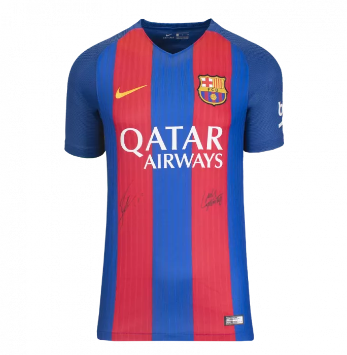Lionel Messi & Luis Suarez Front Signed FC Barcelona 2016-17 Home Shirt In Classic Frame