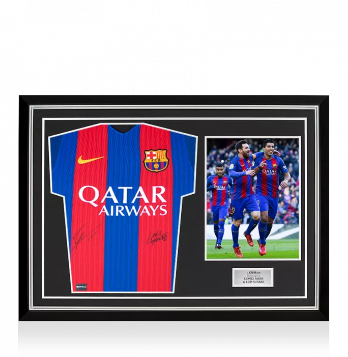 Lionel Messi & Luis Suarez Front Signed FC Barcelona 2016-17 Home Shirt In Hero Frame: Option 1