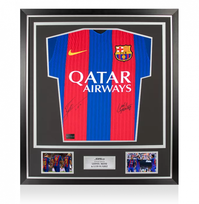 Lionel Messi & Luis Suarez Front Signed FC Barcelona 2016-17 Home Shirt In Classic Frame