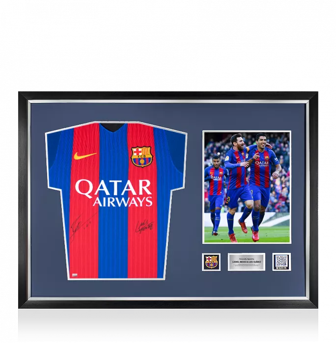 Lionel Messi & Luis Suarez Official FC Barcelona Front Signed and Framed 2016-17 Home Shirt