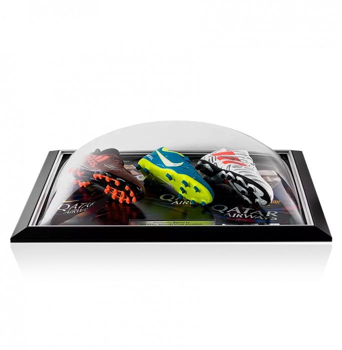 Lionel Messi Neymar Jr & Luis Suarez Signed And FC Barcelona Framed Boots