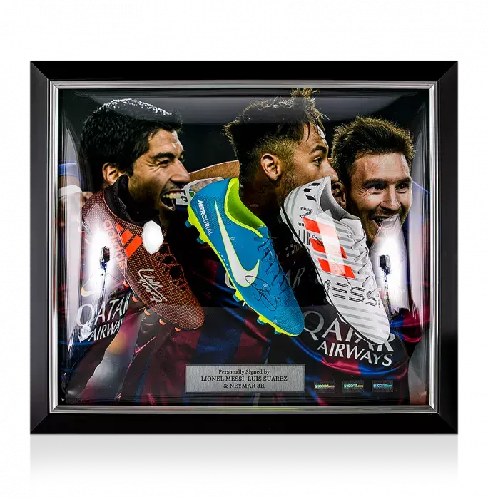 Lionel Messi Neymar Jr & Luis Suarez Signed and FC Barcelona Framed Boots