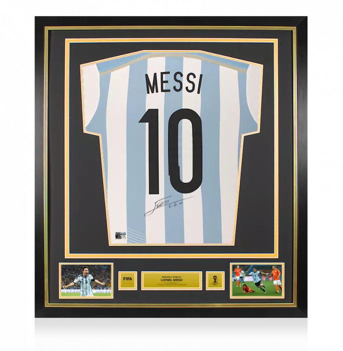 Lionel Messi Official 2014 FIFA World Cup™ Back Signed and Framed Argentina 2014-15 Home Shirt