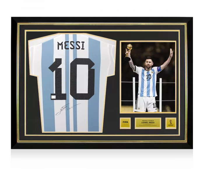 Lionel Messi Official 2022 FIFA World Cup™ Back Signed And Framed Argentina 2022 Home Shirt