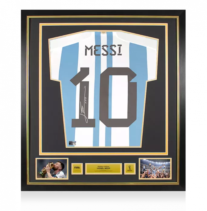 Lionel Messi Official 2022 FIFA World Cup™ Back Signed and Framed Argentina 2022-23 Home Shirt With Fan Style Numbers