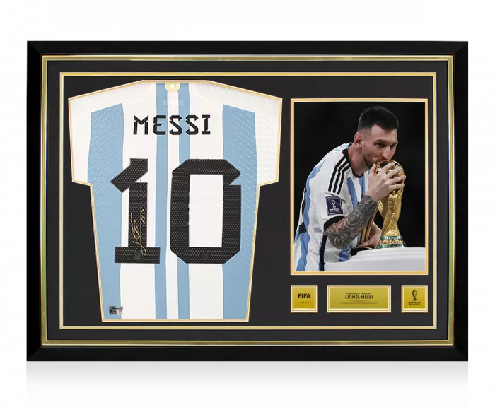 Lionel Messi Official 2022 FIFA World Cup™ Back Signed and Hero Framed Argentina Match Issue 2022 Home Shirt - Manufactured in Argentina Edition