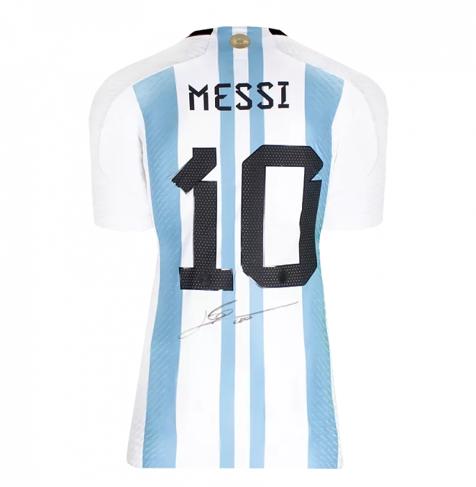 Lionel Messi Official 2022 FIFA World Cup™ Back Signed And Framed Argentina Match Issue 2022 Home Shirt - Vs France Motif