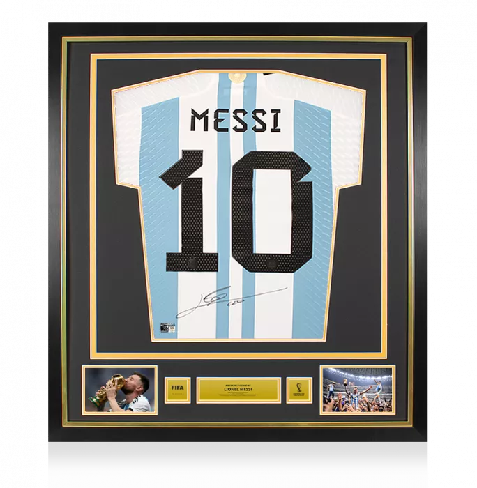 Lionel Messi Official 2022 FIFA World Cup™ Back Signed And Framed Argentina Match Issue 2022 Home Shirt - Vs France Motif