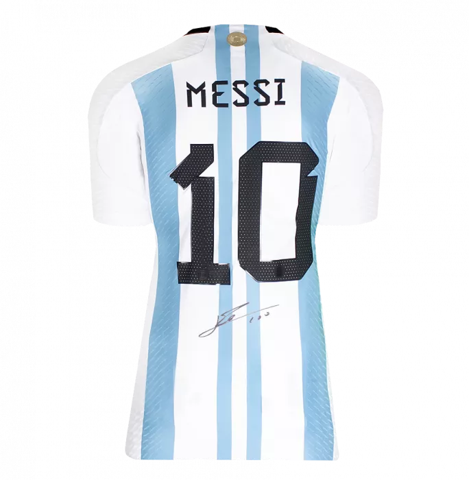 Lionel Messi Official 2022 FIFA World Cup™ Back Signed And Framed Argentina Match Issue 2022 Home Shirt