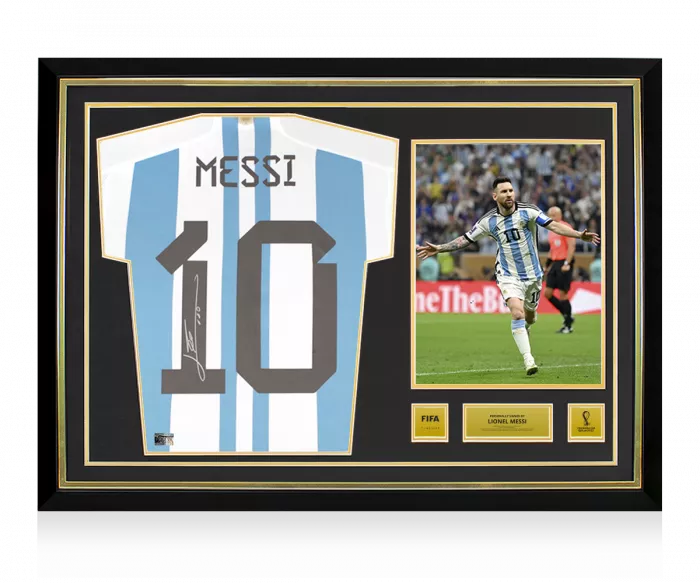 Lionel Messi Official 2022 FIFA World Cup™ Back Signed and Hero Framed Argentina 2022-23 Home Shirt