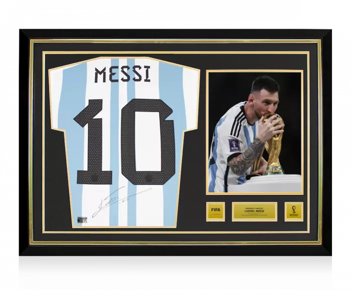 Lionel Messi Official 2022 FIFA World Cup™ Back Signed and Hero Framed Argentina 2022 Home Shirt: Two Star Edition