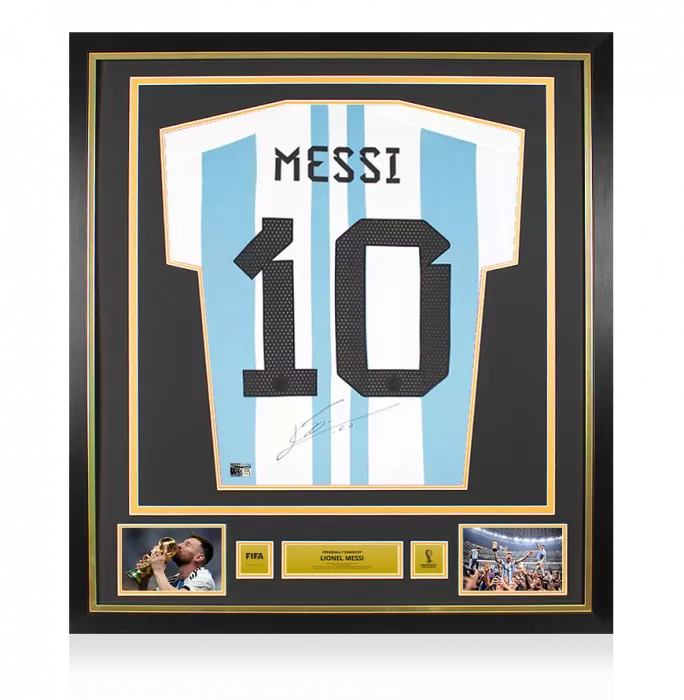 Lionel Messi Official 2022 FIFA World Cup™ Back Signed and Framed Argentina 2022 Home Shirt: Two Star Edition