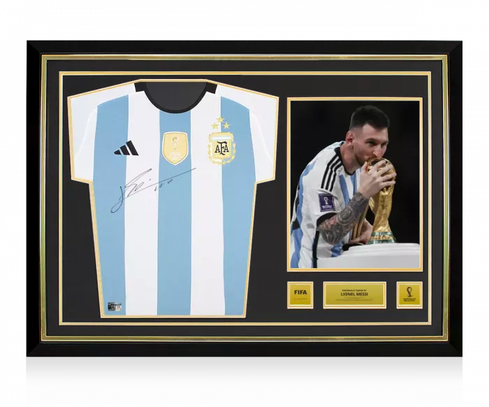 Lionel Messi Official 2022 FIFA World Cup™ Front Signed and Hero Framed Argentina 2022-23 Home Shirt