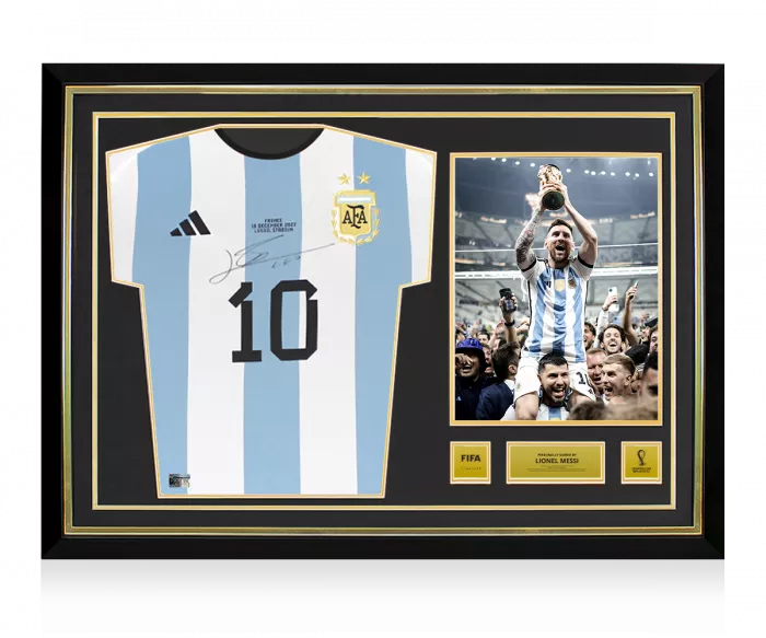 Lionel Messi Official 2022 FIFA World Cup™ Front Signed and Hero Framed Argentina 2022-23 Home Shirt: Number 10 Edition