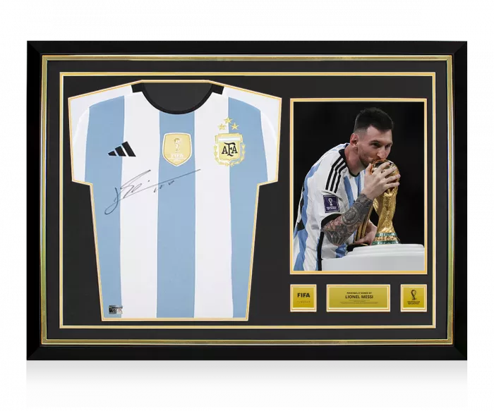 Lionel Messi Official 2022 FIFA World Cup™ Front Signed and Hero Framed Argentina 2022-23 Home Shirt: 3 Star Edition