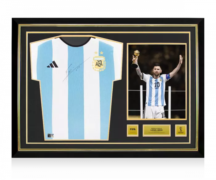Lionel Messi Official 2022 FIFA World Cup™ Front Signed and Hero Framed Argentina 2022-23 Home Shirt