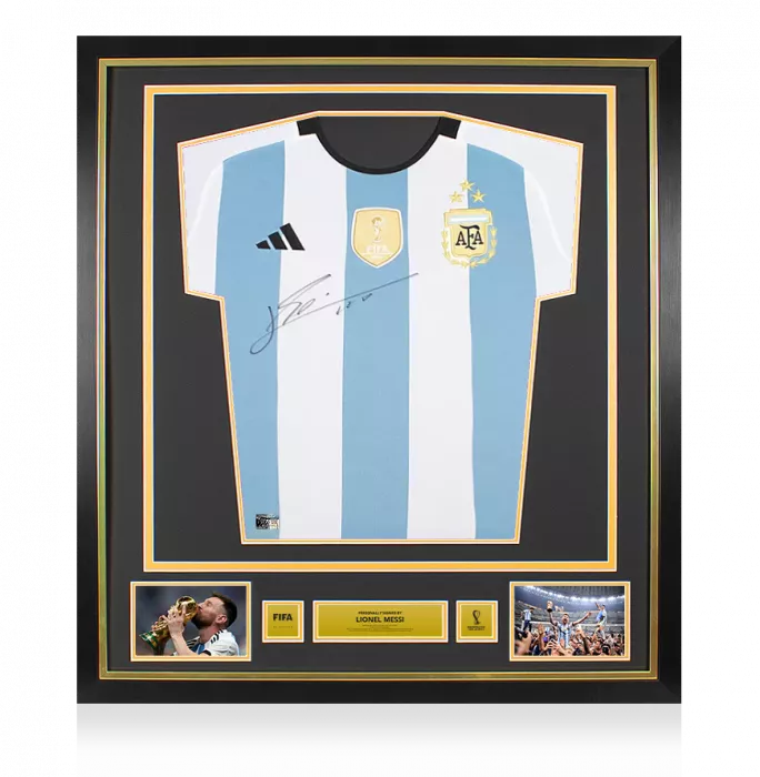 Lionel Messi Official 2022 FIFA World Cup™ Front Signed and Framed Argentina 2022-23 Home Shirt: 3 Star Edition