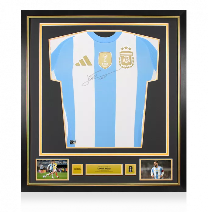 Lionel Messi Official 2026 FIFA World Cup™ Front Signed And Framed Argentina 2024-25 Home Shirt