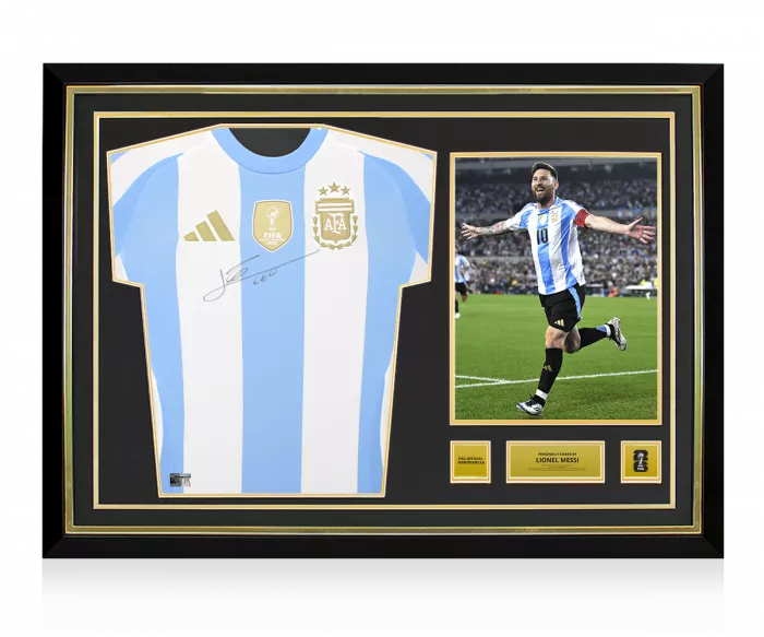 Lionel Messi Official 2026 FIFA World Cup™ Front Signed and Hero Framed Argentina 2024-25 Home Shirt