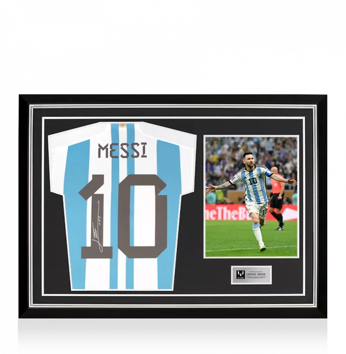 Lionel Messi Official Back Signed Argentina 2022-23 Home Shirt With Fan Style Numbers In Hero Frame: Option 1