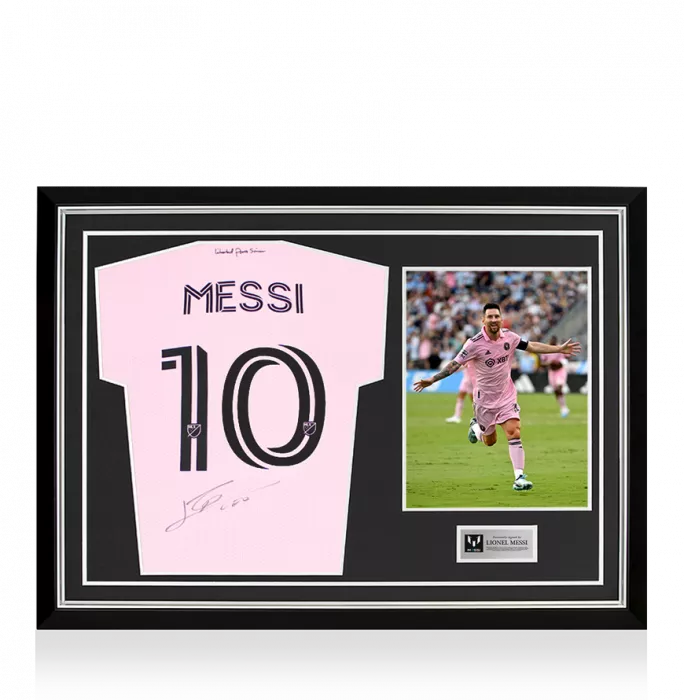 Lionel Messi Official Back Signed Inter Miami CF 2022-23 Home Shirt In Hero Frame: Option 1