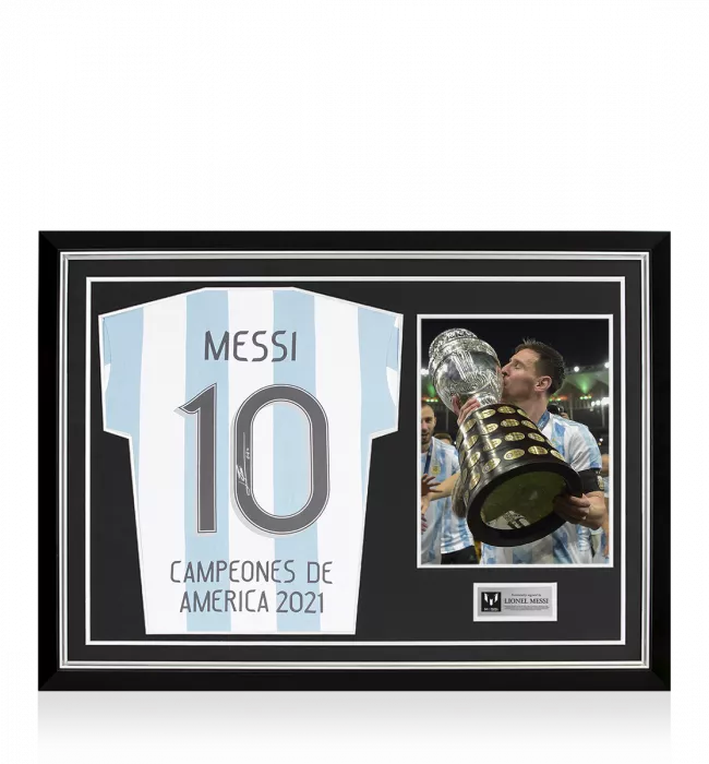 Lionel Messi Official Back Signed Retro Argentina Home Shirt In Hero Frame: Campeones De America 2021 Edition