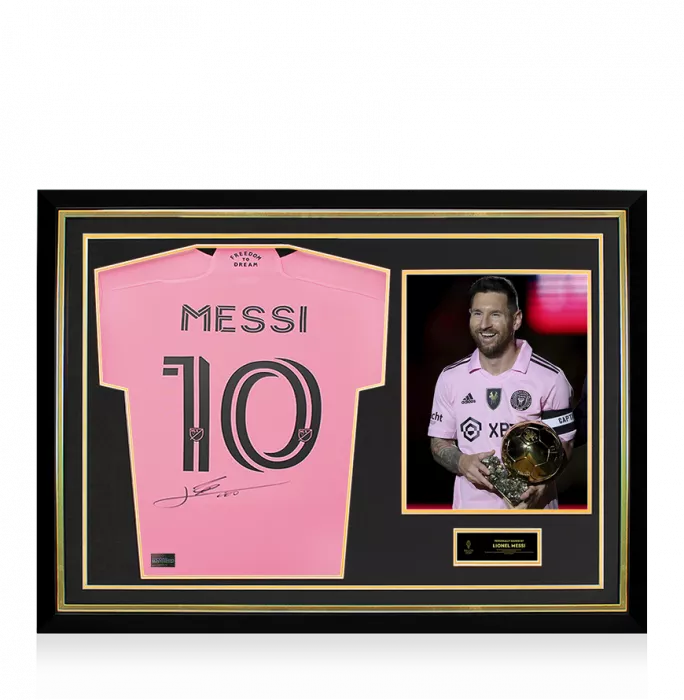 Lionel Messi Official Ballon D'Or™ Back Signed And Hero Framed Inter Miami CF 2024-25 Home Shirt