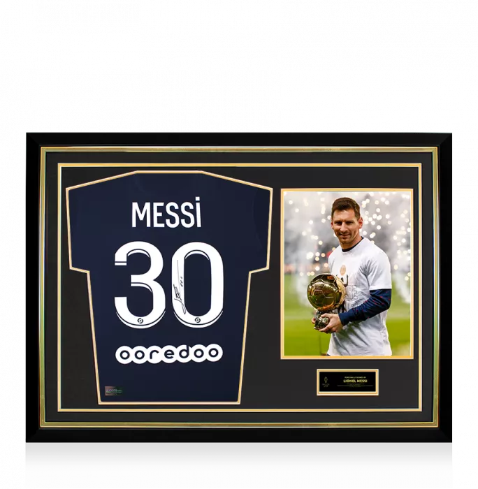 Lionel Messi Official Ballon d'Or™ Back Signed and Hero Framed Paris Saint-Germain 2021-22 Home Shirt