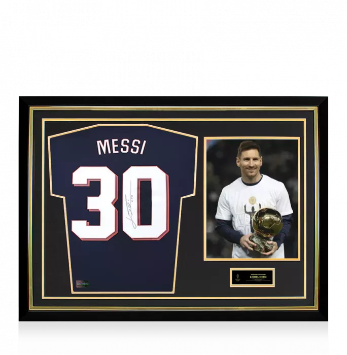 Lionel Messi Official Ballon d'Or™ Back Signed and Hero Framed Paris Saint-Germain 2021-22 Home Shirt