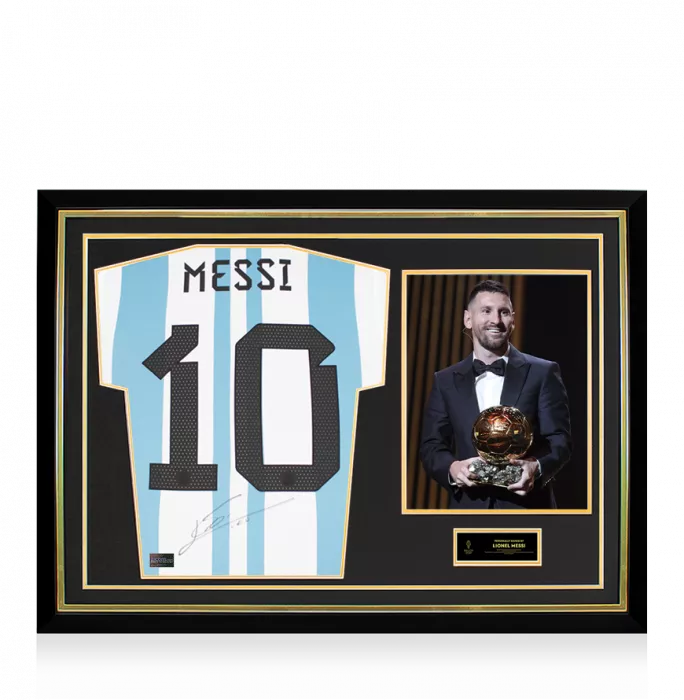 Lionel Messi Official Ballon d'Or™ Back Signed and Hero Framed Argentina 2022 Home Shirt