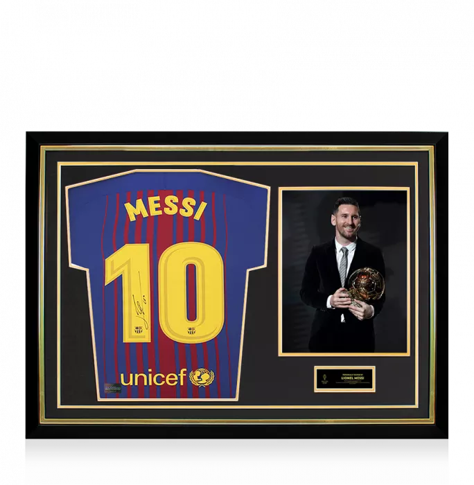 Lionel Messi Official Ballon d'Or™ Back Signed and Hero Framed FC Barcelona 2017-18 Home Shirt