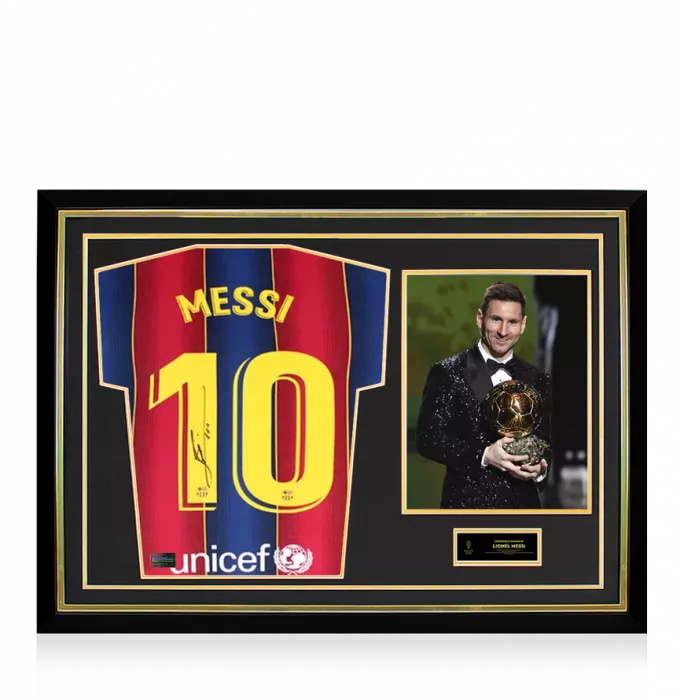 Lionel Messi Official Ballon d'Or™ Back Signed and Hero Framed FC Barcelona 2020-21 Home Shirt