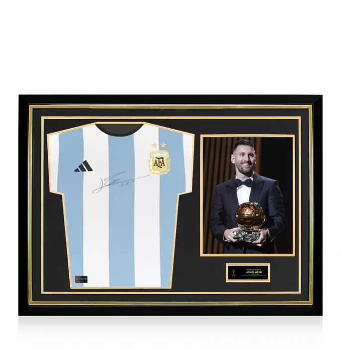 Lionel Messi Official Ballon d'Or™ Front Signed and Hero Framed Argentina 2022 Home Shirt - 2 Star Edition