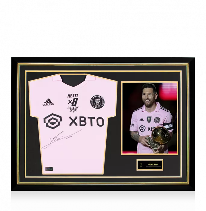 Lionel Messi Official Ballon d'Or™ Front Signed and Hero Framed Inter Miami CF 2022-23 Home Shirt: 8x Ballon d'Or Edition